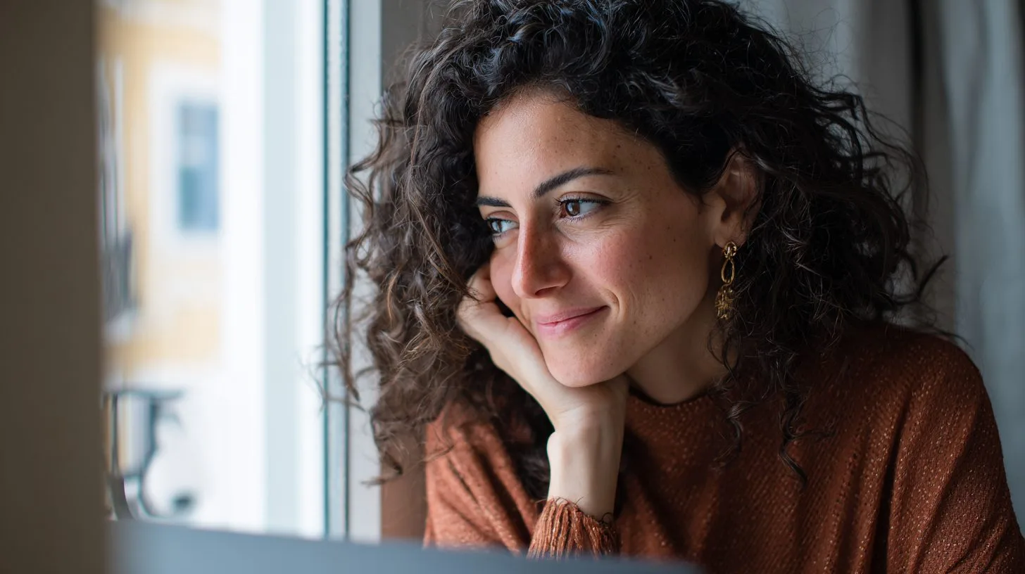 Mujer sonriendo junto a una ventana, con la mano en la mejilla