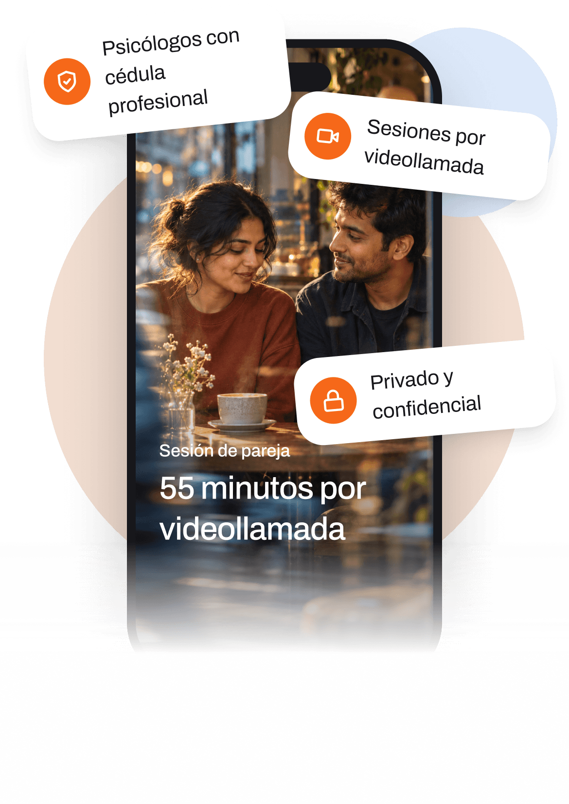 Pareja tomando café en un teléfono ilustrado; sesiones de 55 minutos por videollamada, cédula profesional y confidencialidad.